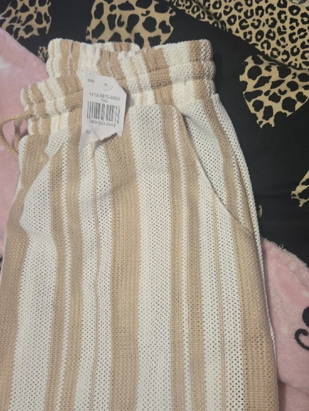 Beige Knit Tank Top and Striped Drawstring Pants Set - Beige